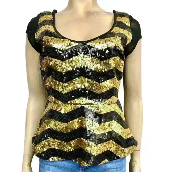 Bebe Black & Gold  Peplum Sequin Striped Top XL – Party, Cocktail, Metallic - Picture 4 of 16